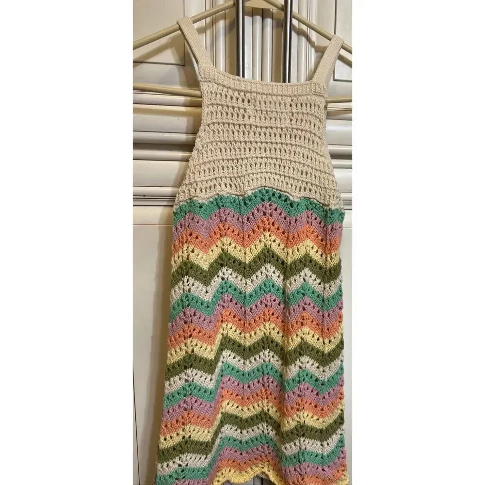 Zara Girls Chevron Sleeveless Square Neck Crochet Sundress Multicolor Size 8-9